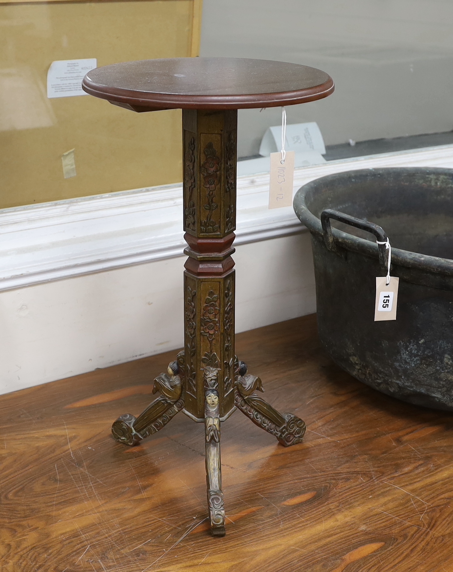A Chinese carved wood wine table, width 34cm, height 60cm